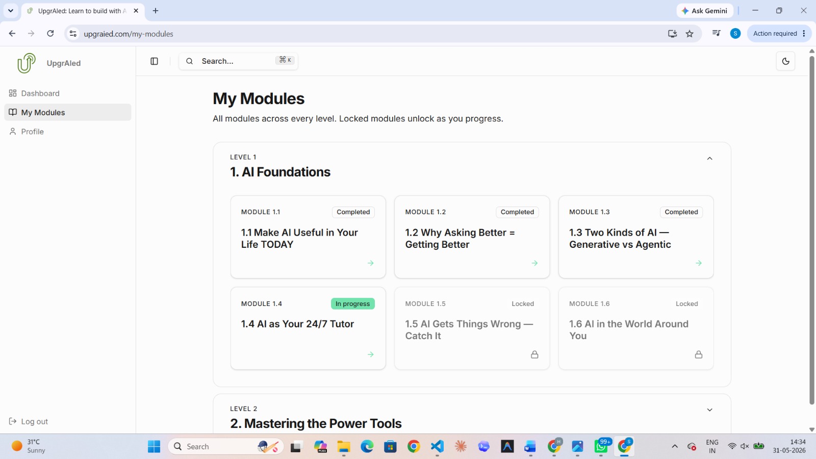 Student dashboard — Level 1 in progress · upgraied.com